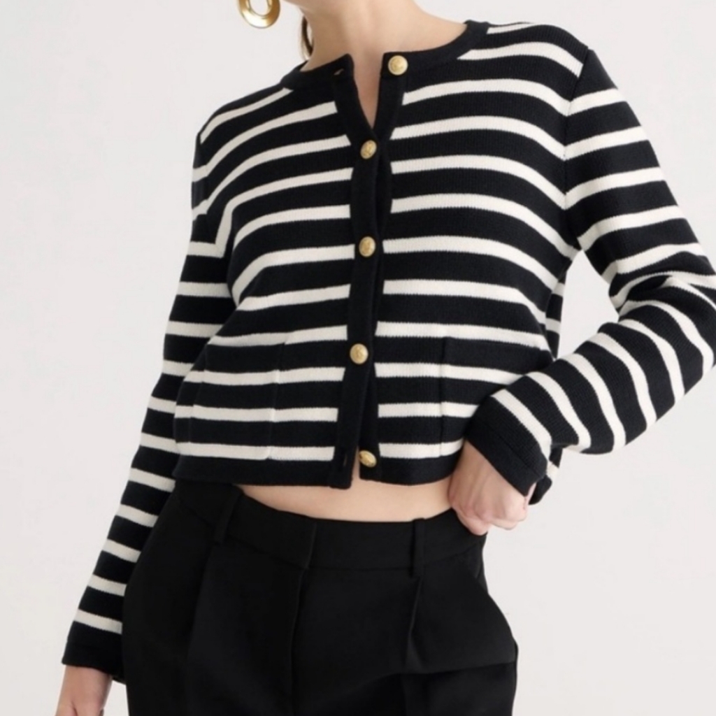 J. Crew "Emilie" Black/White Cardigan Striped Sweater Sz Xxl